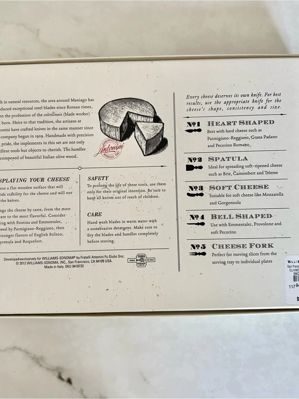 Williams Sonoma printed informational